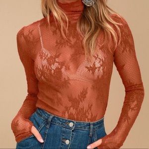 Free people rust orange turtleneck lace top XS